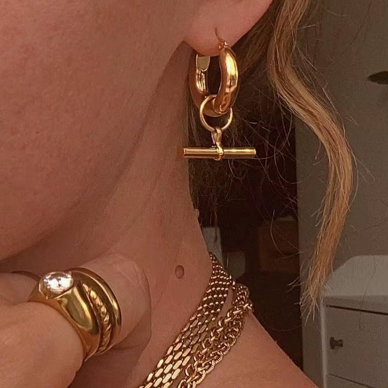 T Bar Gold Hoops - ILLUSIVE JEWELS USA